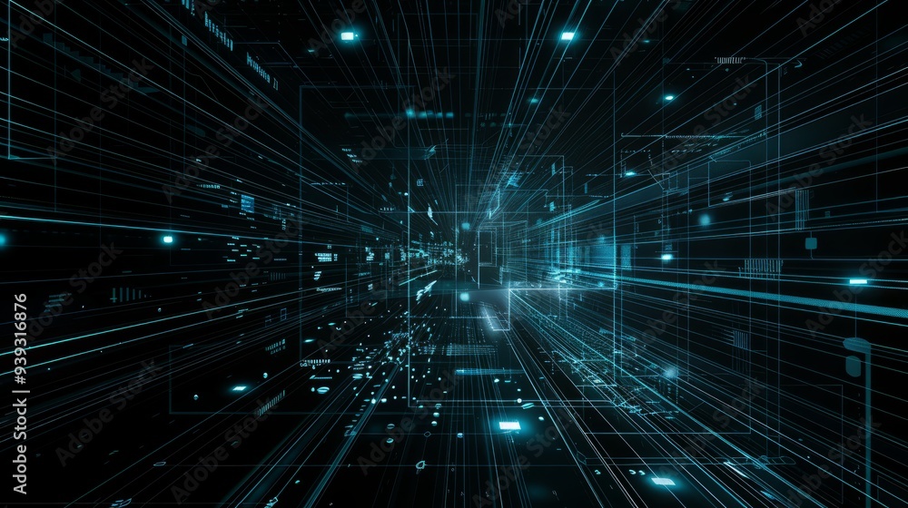 Aufkleber abstract black background with dynamic blue lines and geometric shapes representing technological ad