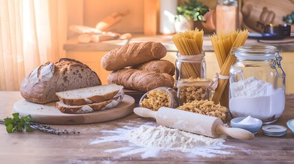 A kitchen artisanal gluten-free bread a variety of pasta, and flour sprinkled on a wooden countertop freshly baked with a golden crust  glass jars and spilling slightly background