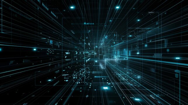 Abstract black background with dynamic blue lines and geometric shapes representing technological advancement, innovation, and futuristic design elements – perfect for modern tech concepts, digital in