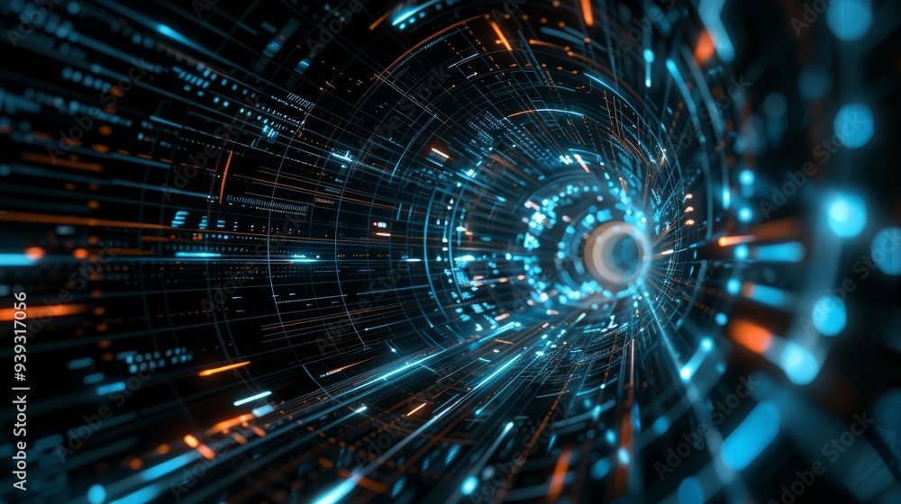 Aufkleber abstract black background with dynamic blue lines and geometric shapes representing technological ad