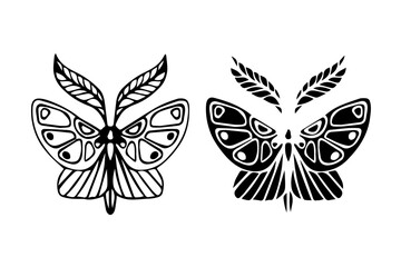 Line sketch,silhouette,stamp of winged insect night moth,butterfly.Vector graphics.