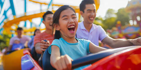 portrait of Asian family at theme park