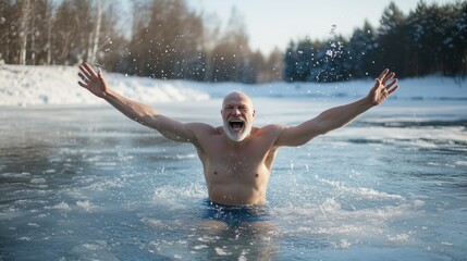 Joyful Man Enjoying Winter Swimming
