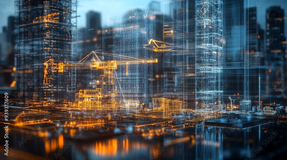 Poster abstract view of a futuristic cityscape with glowing geometric structures and high-rise buildings un