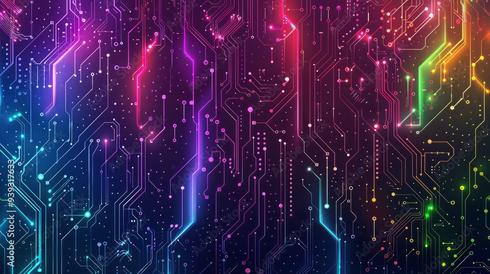 Poster abstract colorful technology background with futuristic electronic circuit board pattern, vibrant bi