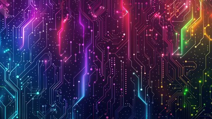 Abstract colorful technology background with futuristic electronic circuit board pattern, vibrant big data communication lines, glowing digital connections, and dynamic geometric shapes in a modern gr