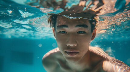 portrait of Asian man underwater