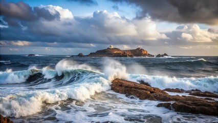 Fototapeta premium Dramatic Waves Crashing on Rocky Coast with a Small White Structure on an Island in the Distance