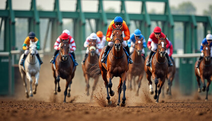 A horse race portrait from the starting gate shows the lead horse bursting out, dirt flying, and jockeys in focus, conveying excitement.	
