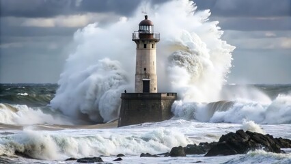 A Lighthouse Stands Strong Against Powerful Waves