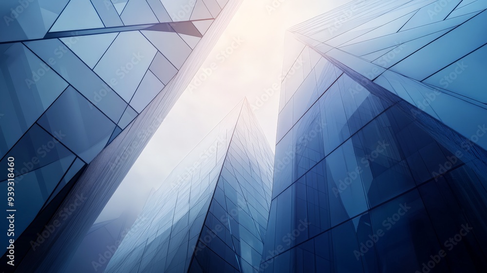 Poster abstract view of modern glass skyscrapers from below with sunlight shining through, creating a futur