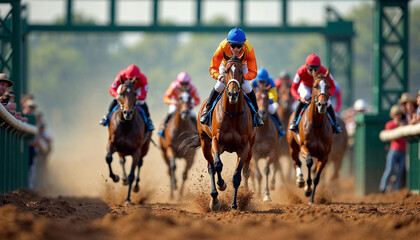 A horse race portrait from the starting gate shows the lead horse bursting out, dirt flying, and jockeys in focus, conveying excitement.	
