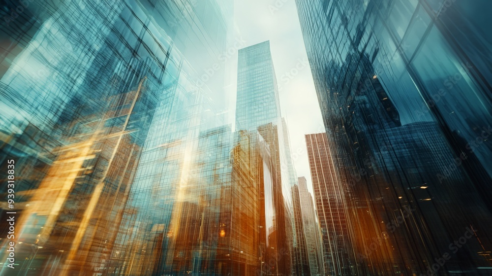 Poster abstract view of modern skyscrapers with dynamic motion blur effect, capturing the energy and archit