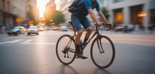 Fototapeta premium Cyclist or commuter who travels around the city by bike in summer, goes to work, does errands or shopping