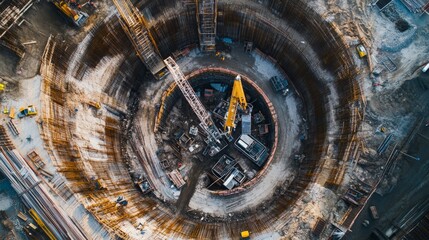 Obraz premium Aerial view of a deep circular construction site with heavy machinery and workers, showcasing the depth and complexity of the project.