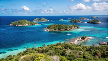 Fototapeta premium A Panoramic View of a Tropical Archipelago with Clear Blue Waters and Sailboats