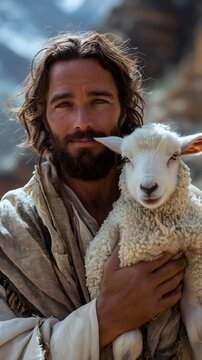 Biblical illustration, Jesus Carrying Lamb on His Shoulders