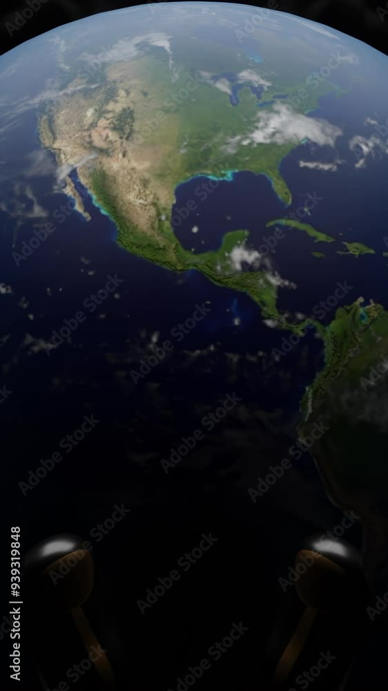 Poster the rotating planet earth. design. a black background with the earth making a defense around its axi