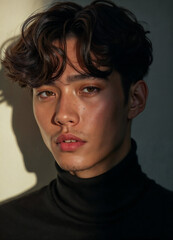 Fototapeta premium Portrait of an Asian man looking at the camera, harsh shadows