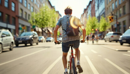 Cyclist or commuter who travels around the city by bike in summer, goes to work, does errands or shopping