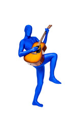 Mysterious blue man in blue suit playing an acoustic guitar