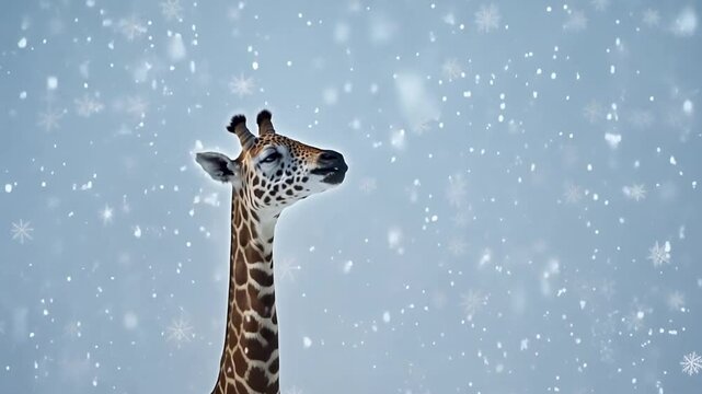 a giraffe in the snow with snowfall footage