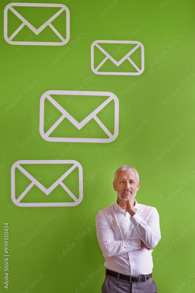 Poster mature man, portrait and email icon in office for communication, message and marketing campaign. man