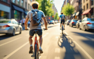 Cyclist or commuter who travels around the city by bike in summer, goes to work, does errands or shopping