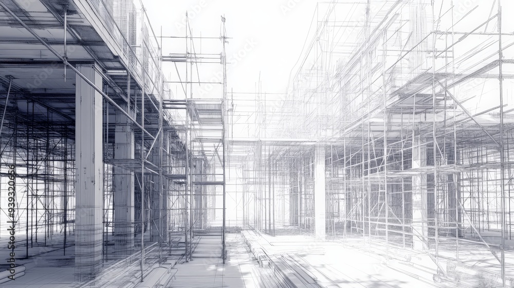 Poster architectural blueprint of a construction site with scaffolding, showcasing structural design and mo