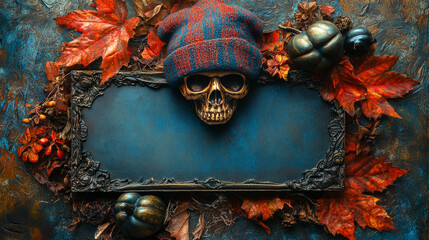 Halloween-themed composition with a skull wearing a beanie hat, surrounded by autumn leaves, pumpkins, and a blank ornate frame. Ideal for dark-themed invitations.