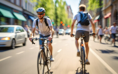 Naklejka premium Cyclist or commuter who travels around the city by bike in summer, goes to work, does errands or shopping