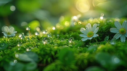 A close-up shot of delicate white flowers with morning dew drops on a bed of lush green moss.