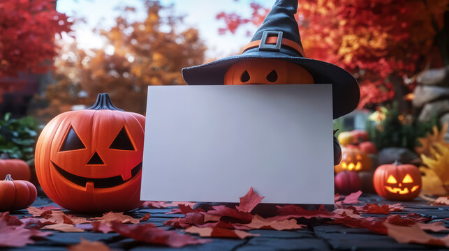 Halloween scene with a glowing Jack-o'-lantern holding a blank sign, surrounded by autumn leaves. Perfect for festive announcements or invitations.