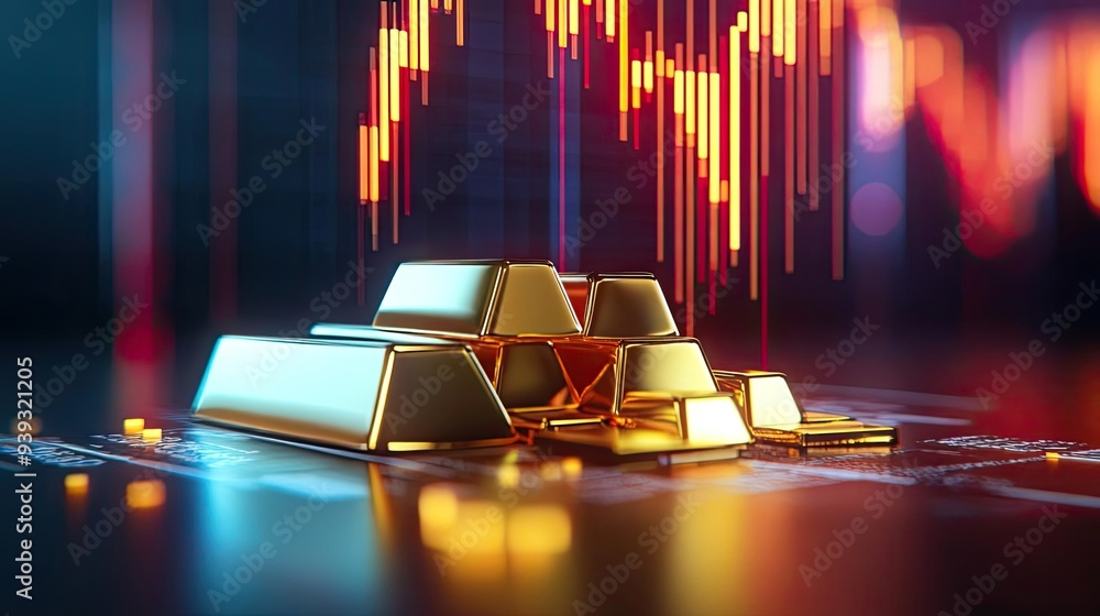 Poster a collection of gold bars with a dynamic financial chart in the background, symbolizing wealth and i