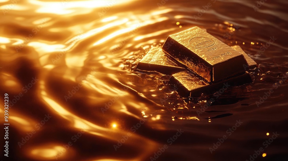 Poster shimmering gold bars float on a reflective water surface illuminated by warm sunlight, creating a me