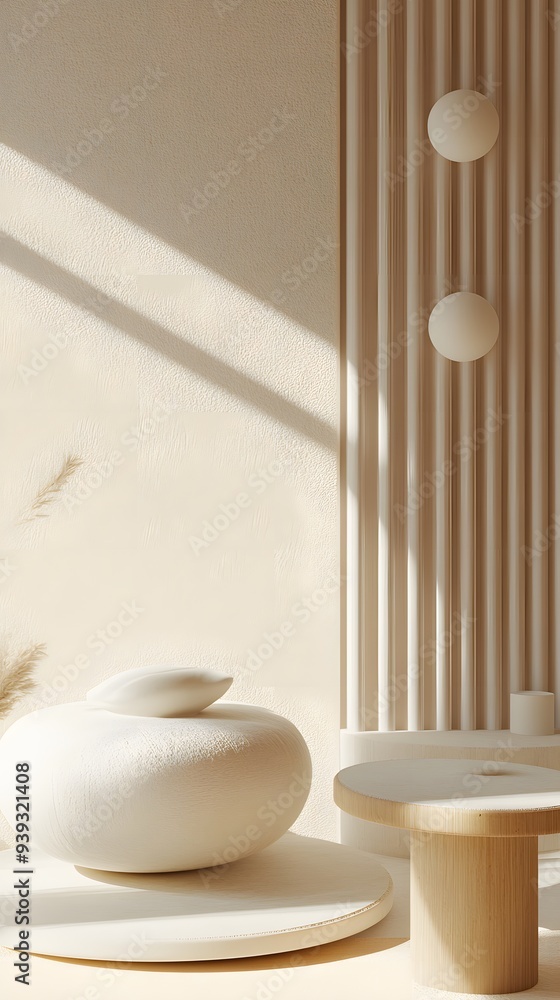 Poster 33. modern 3d render with dynamic geometric elements and a smooth ceramic circle backdrop