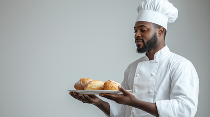 African American Chef Holding Freshly Baked Bread on White Plate