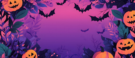 A vector illustration flat color of Child's Halloween style wallpaper, fade purple background with pink purple decoration and large blank space in the center for text