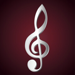 Obraz premium Silver treble clef or musical note. Abstract vector graphic illustration of musical clef with silver design on dark burgundy background.