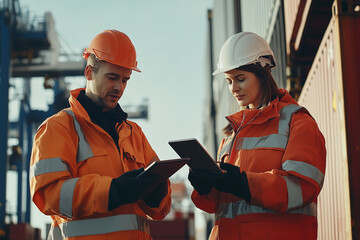Busy Port Workers Collaborating at a Shipping Container Terminal
