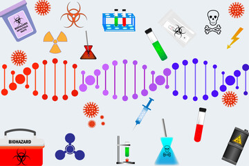 The DNA double helix is ​​surrounded by various medical and laboratory symbols and objects. The illustration highlights the fusion of biology, science, medicine and healthcare.