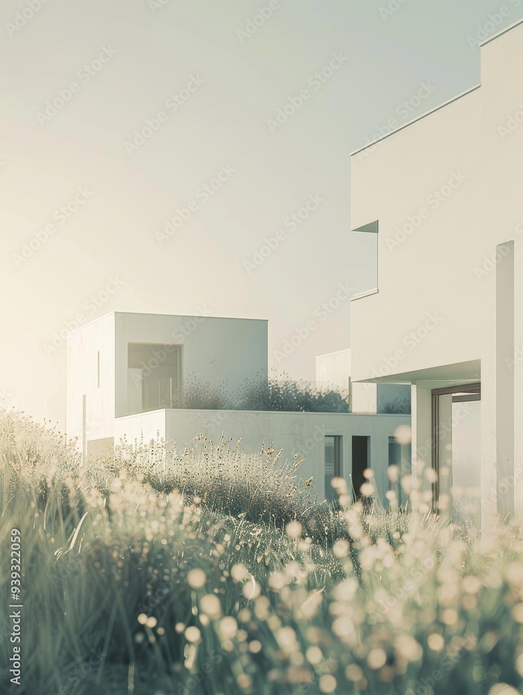 Wall mural Modern, minimalist white houses with clean lines and geometric shapes surrounded by grass, bathed in soft sunlight.