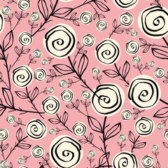Stylized creative vibrant quirky expressive floral pattern in 60s in bright pink and red juicy colors