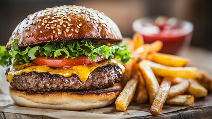 Delicious Gourmet Burger with Crispy Golden Fries on a Wooden Table