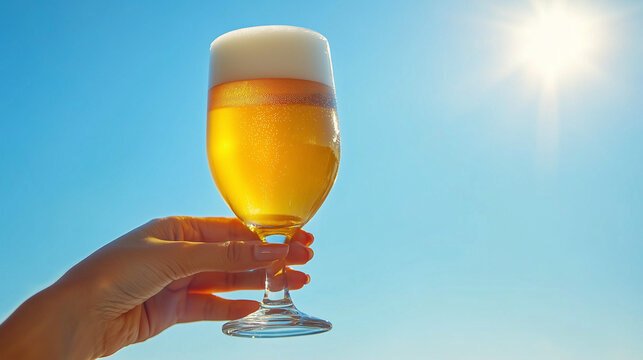 A hand holding a frothy glass of beer against a bright sunny sky, evoking a refreshing and cheerful atmosphere.