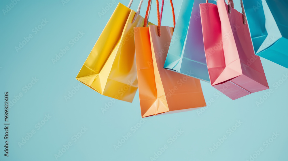 Wall mural Colorful Shopping Bags Hanging on Blue Background