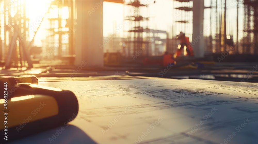 Poster blueprints and tools on a construction site at sunset, showcasing the planning and hard work in buil