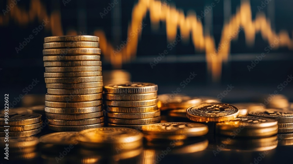 Poster a vibrant image of gold coins stacked, representing wealth and finance with a dynamic growth chart i