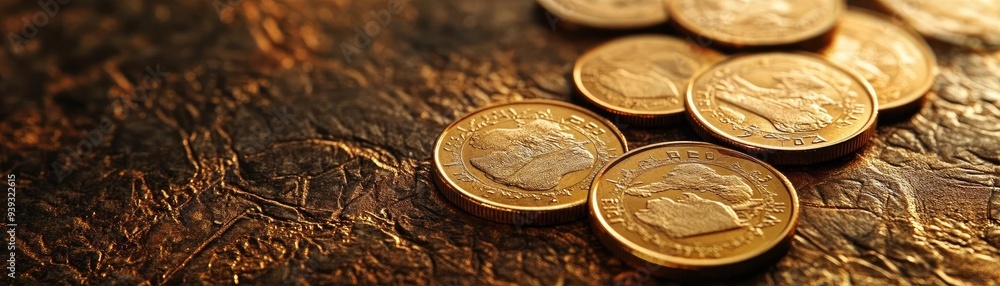 Poster a close-up view of golden coins scattered on a textured surface, reflecting light and creating a war