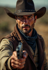 Fototapeta premium Portrait of a Wild West gunslinger showcasing rugged features and a confident demeanor.